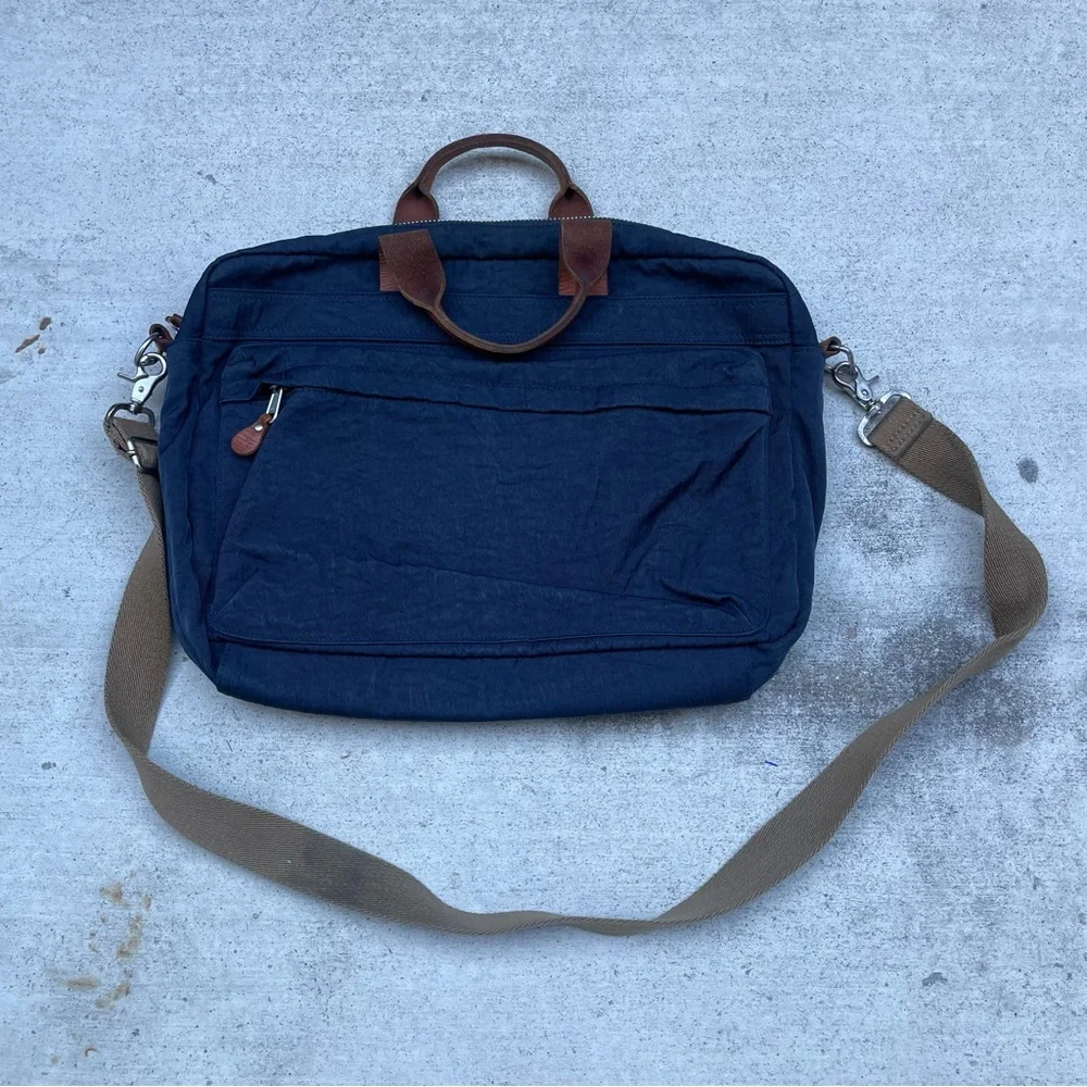 J. Crew Navy Canvas Laptop Brief with Brown Trim and Tan Strap